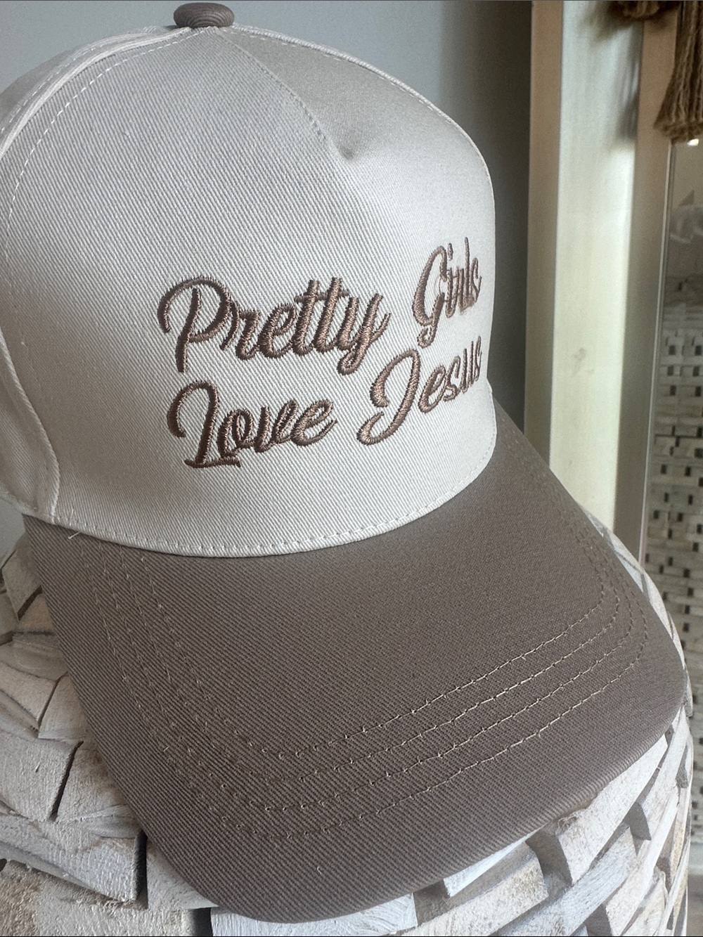 Pretty Girls Love Jesus Embroidered Two-Tone Trucker Hat - Cream & Brown